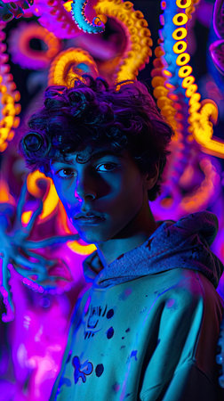 Close-up portrait of a beautiful young man with curly hair, neon lightの素材