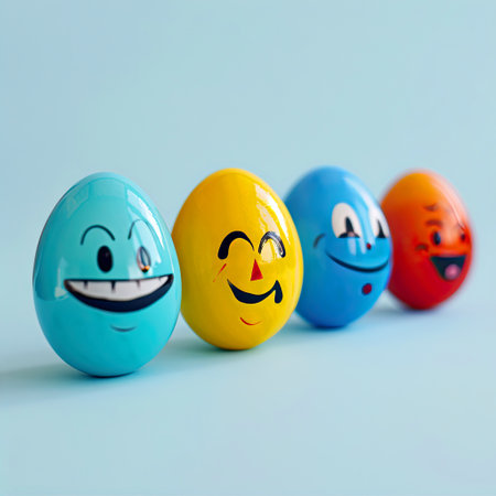 Colorful easter eggs with smiley faces on a blue backgroundの素材