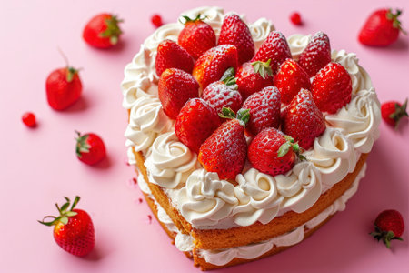 Strawberry cake with whipped cream and fresh strawberries on pink backgroundの素材