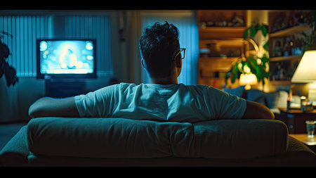 Young man watching TV at night in the living room, back viewの素材