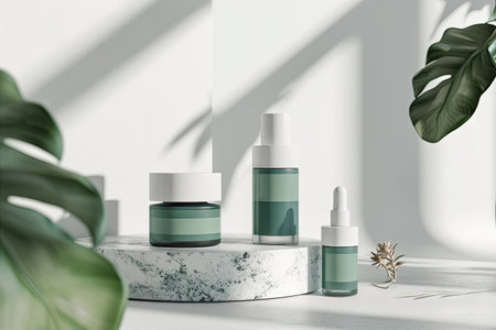 Mockup of green cosmetic bottles on white marble podium.の素材