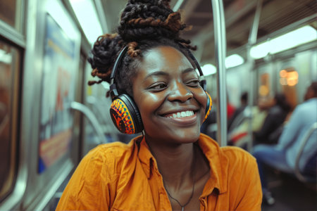 young beautiful afro american woman listening to music with headphones in subway carの素材