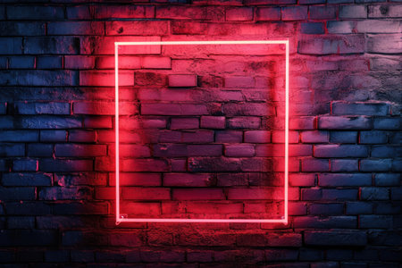 Red neon square frame on brick wall background.の素材