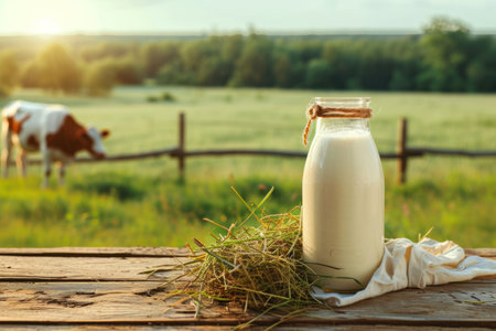 Milk in a glass jar on a wooden table against the background of a green field.の素材
