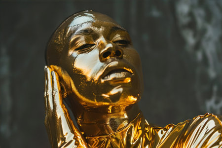 Golden statue of a woman on a dark background, close-upの素材