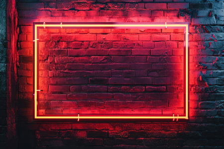 Red neon signboard on a brick wall backgroundの素材