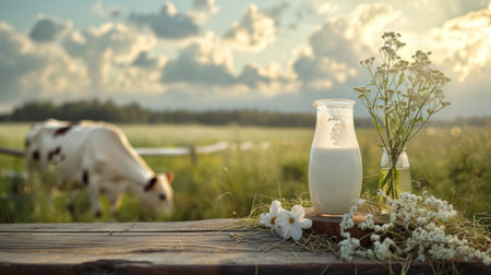 Milk in glass bottle on table in summer meadow with cowsの素材