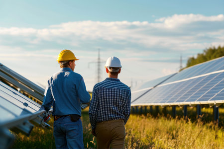 Back view of engineer and technician standing at solar power plant with blue sky backgroundの素材