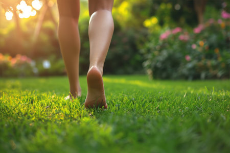 Closeup of female legs walking on green grass in the park.の素材