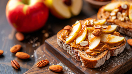 Toast with peanut butter and fresh apples on a wooden board.の素材