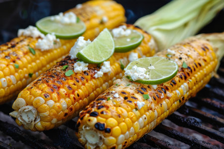 grilled corn with feta cheese and lime on a barbecue grillの素材