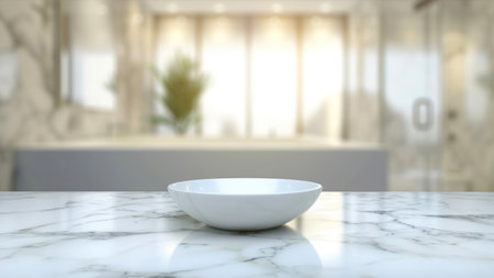 White bowl on white marble table in front of blurred living room backgroundの素材
