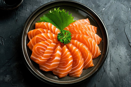 Salmon sashimi japanese food on dark stone backgroundの素材