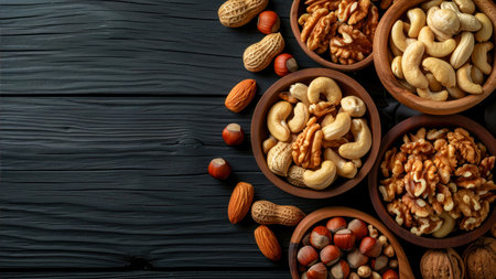 Mix of nuts in bowls on black wooden background. Top view.の素材