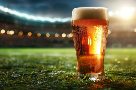 Glass of beer on a football field with lights on background, copy spaceの素材