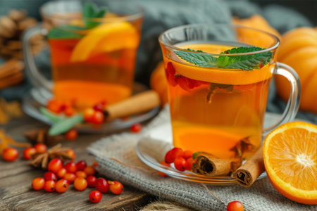 Mulled tea with sea buckthorn and cinnamon on a wooden backgroundの素材