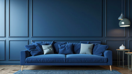 Blue living room interior with blue sofa and coffee tableの素材