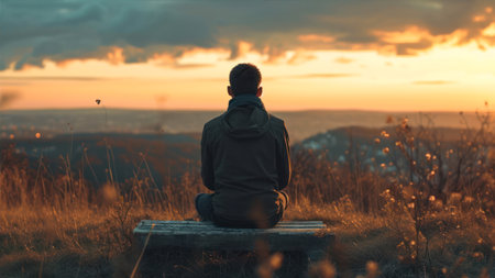 Young man sitting on a bench in the meadow and looking at the sunsetの素材
