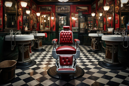 Barber shop interior with red chair and barbershop equipment.の素材