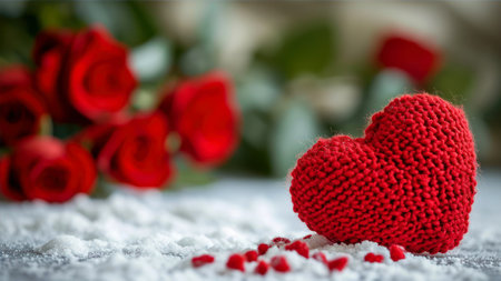 Valentine's Day background with red heart on snow and red rosesの素材