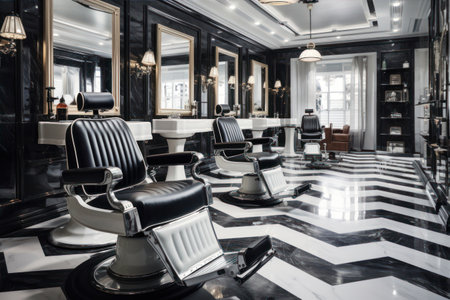 Barber shop interior with black and white tiles and black chairs.の素材