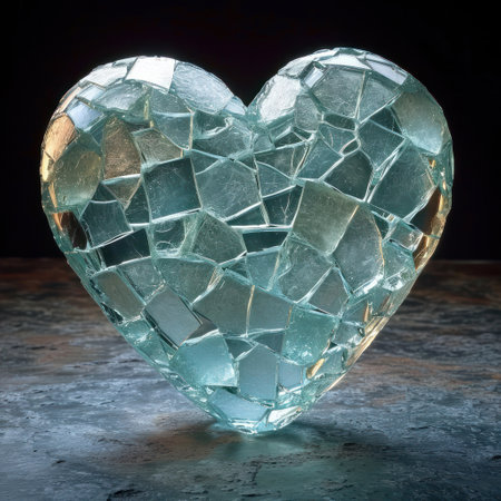 Heart of broken glass on black background. 3d illustration. Valentine's Day.の素材