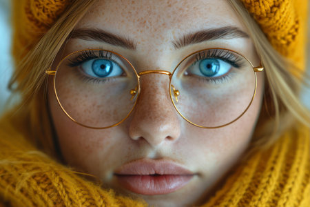 Close up portrait of beautiful young girl with freckles wearing glasses.の素材