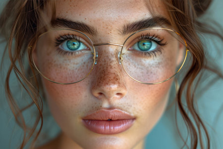 Close-up portrait of a beautiful young girl with freckles and glassesの素材