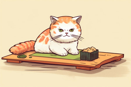 Illustration of a cute cat sitting on a wooden platform and eating sushiの素材