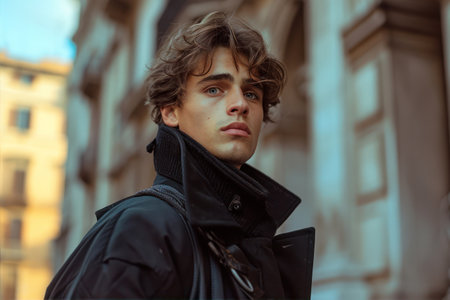 Handsome young man with curly hair in a black coat on the streetの素材