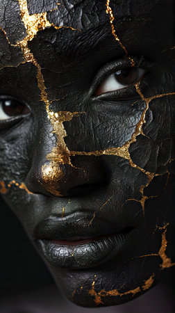 Portrait of a beautiful woman with creative make-up and gold paint.の素材