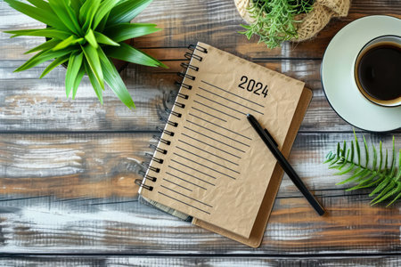 Top view of open notebook, cup of coffee and plant on wooden backgroundの素材