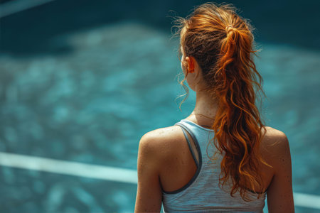 Young woman with red hair on the tennis court. Healthy lifestyle.の素材