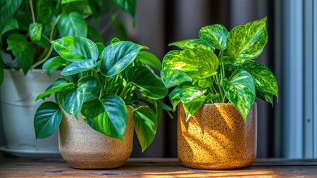 House plants in pots on the windowsill. Home gardening concept.の素材