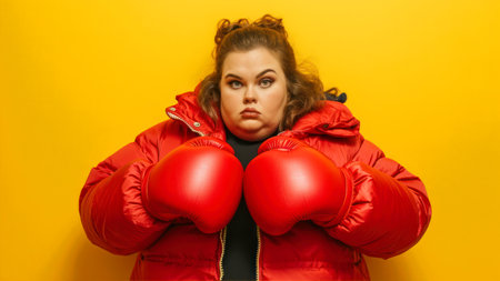 Young woman in red winter jacket with boxing gloves on yellow background.の素材