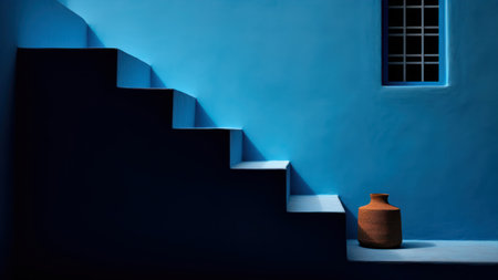 Blue wall and stairs with a vase in the foreground, conceptual imageの素材