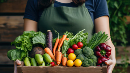 Close-up of a woman holding a wooden box with fresh vegetablesの素材