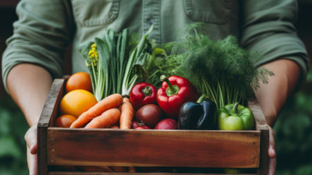 Organic vegetables in a wooden box in the hands of a farmerの素材