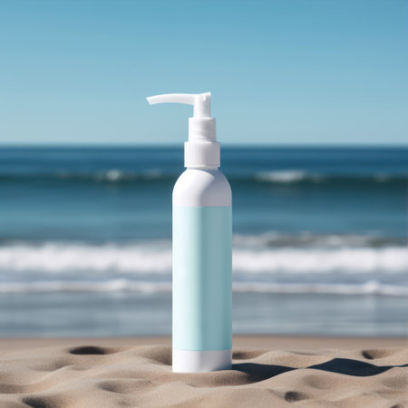 Cosmetic bottle on the beach. Mock up.の素材