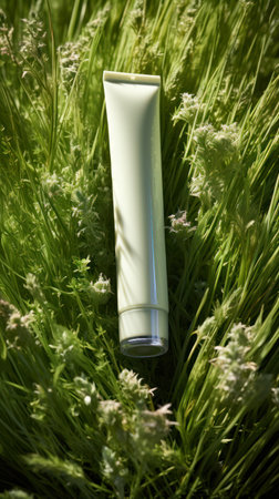 cosmetic cream in a tube on a background of green grass.の素材