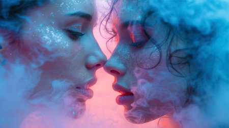 Portrait of two beautiful young women with smoke in their face.の素材