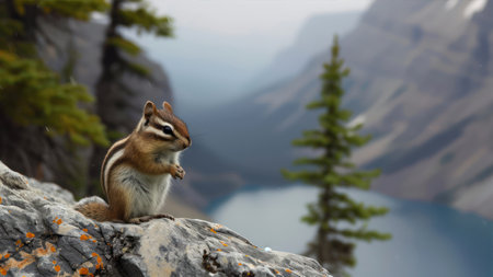 Chipmunk sitting on a rock in National Parkの素材