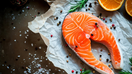 Raw salmon steak with spices and herbs on a dark background. Toned.の素材