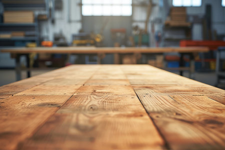Wooden table in a carpentry workshop, blurred background with copy spaceの素材