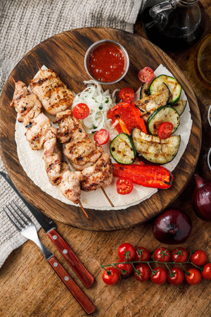 chicken breast on skewer, grilled with vegetables and sauce on a wooden boardの写真素材