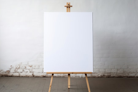 Blank white canvas on wooden easel with white brick wall backgroundの素材