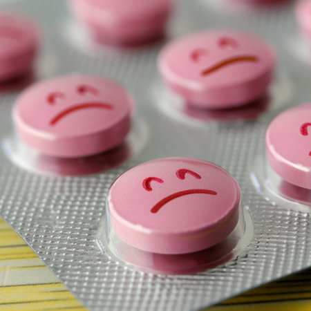 Pink Pills with sad faces in blister pack on yellow wooden background.の素材