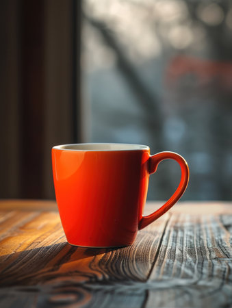 Coffee cup on wooden table in front of the window.の素材