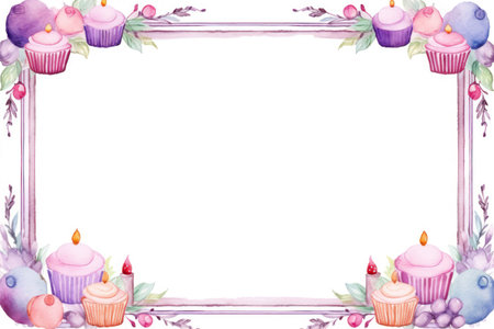 Watercolor frame with cupcakes and flowers. Hand painted illustration isolated on white backgroundの素材