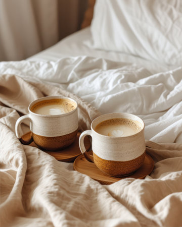 Cappuccino or latte coffee in two cups on wooden tray on bed with white linen.の素材
